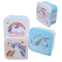 Set of 3 Lunch Boxes with Enchanted Rainbows Unicorn design. Includes 3 different sized lunch boxes featuring a colorful unicorn, rainbow, and stars. Ideal for packing meals and snacks for kids.