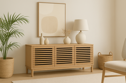 Ash wood media console with three doors and horizontal slat design in a flaxen finish.