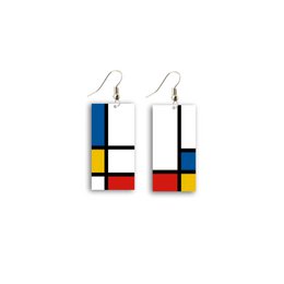 Rectangular drop earrings with a modern, abstract design featuring bold primary colors in a Mondrian-inspired style.