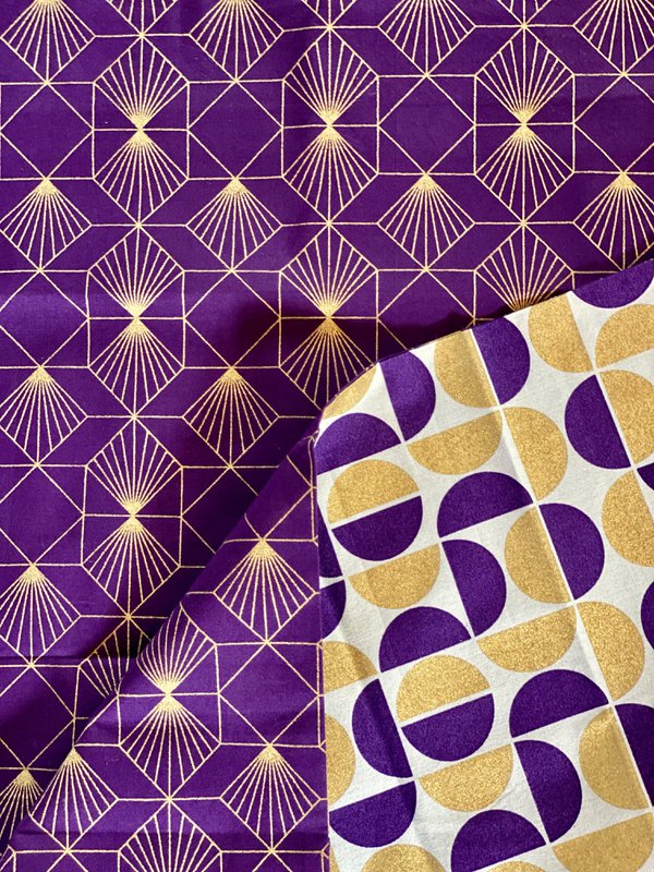 Confezione regalo Furoshiki Confezione regalo in tessuto con lune dorate e diamanti prugna - Doppia faccia (reversibile)