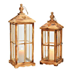 Lantern set made of wood, glass brown, set of 2, (W / H / D) 22x62x22cm 16x45x16cm