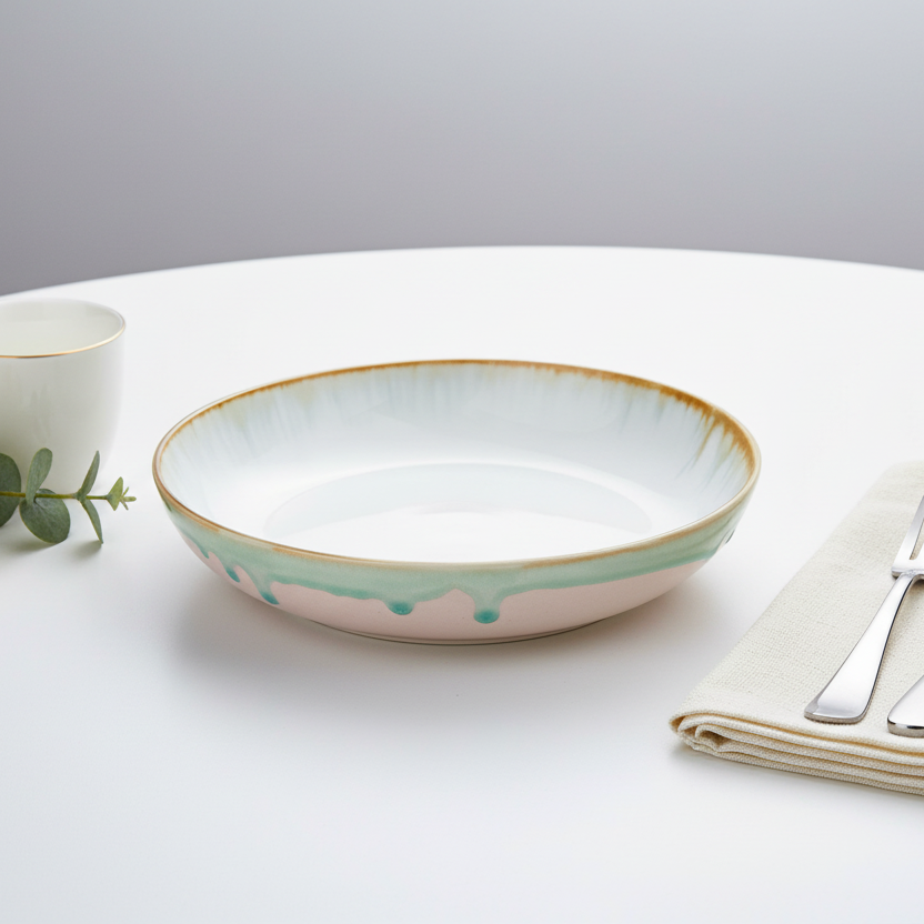 Medium rond keramisch bord - wit met groene en roze details, 21,5 cm