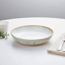 Round ceramic dinner plate white with green and pink dot details, 21.5cm
