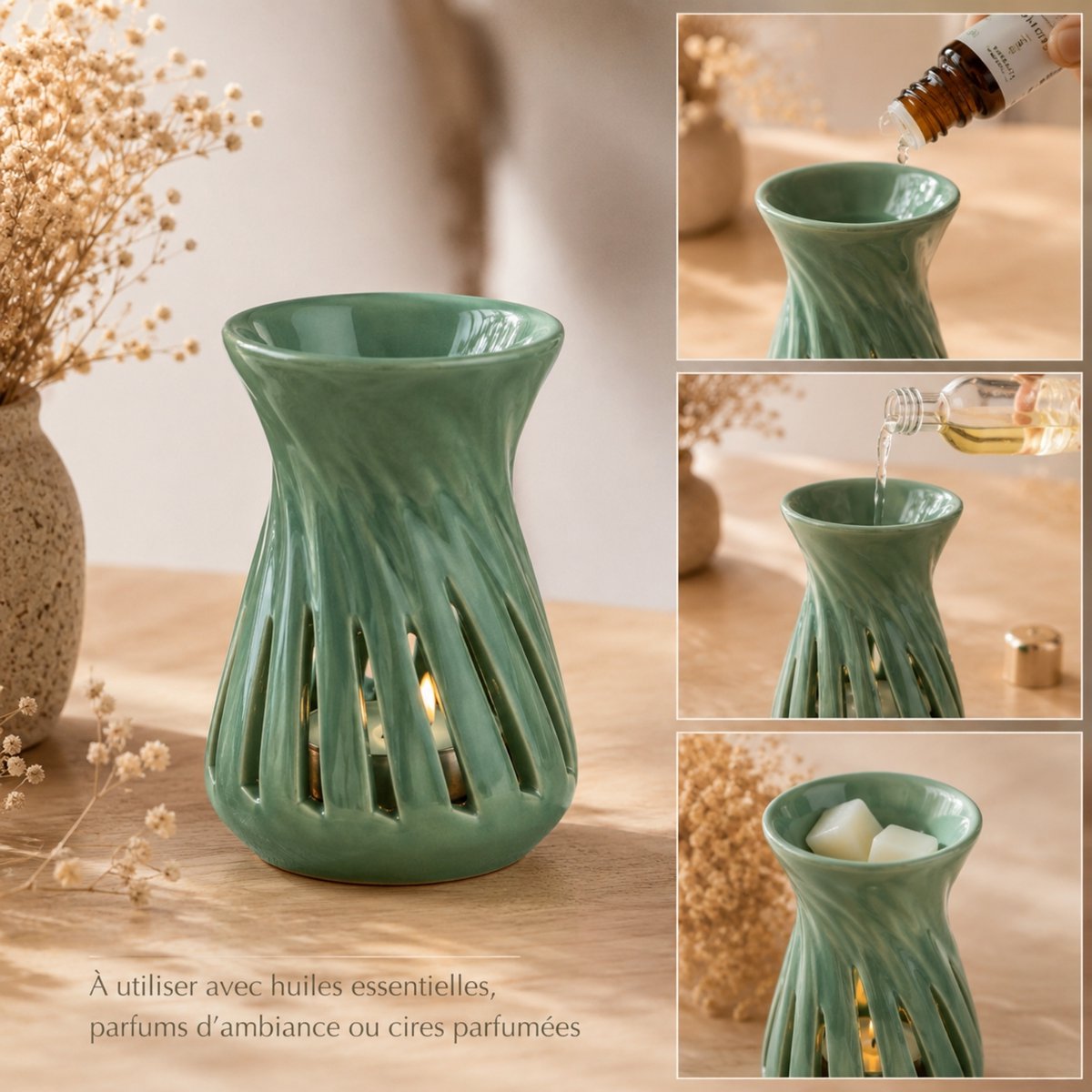 Céramy Series Perfume Burner – Corta Vert – Lacquered Ceramic Candle Holder – Diffusion of Scented Waxes, Essential Oils – Decorative Gift Idea