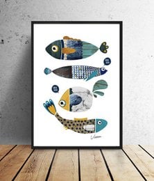 'Colorful abstract fish poster with various shapes, patterns, and textures. Suitable for home decor or an ecommerce product page.'
The poster features a collection of abstract fish illustrations in various colors, shapes, and patterns. The fish have distinct features like round bodies, long fins, and textured scales. The overall style is whimsical and artistic, making it suitable for home decor or an ecommerce product page showcasing decorative wall art.