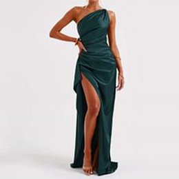 Sexy One-Shoulder-Kleid mit rückenfreiem Schlitz und Sommer, elegant, schmal geschnitten, einfarbig, Satin-Kleider für Damen