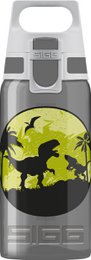 Yellow and black dinosaur silhouette kids water bottle, 0.5l capacity, gray plastic durable design.