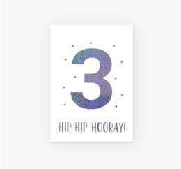 A postcard celebrating a 3rd birthday with a glittery number 3 and the text "Hip hip hooray".