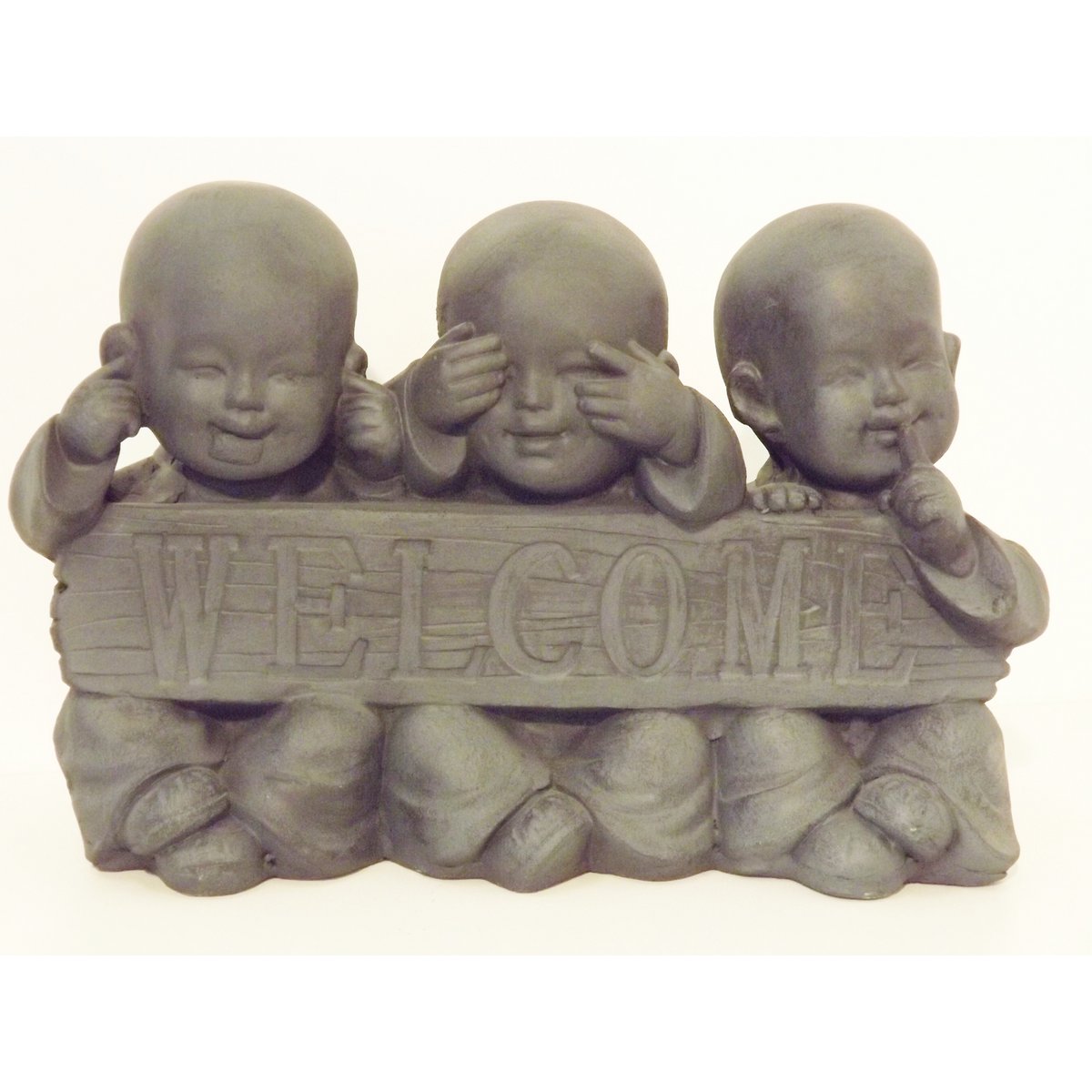 Hear-see-shut up "welcome" child monks garden statue