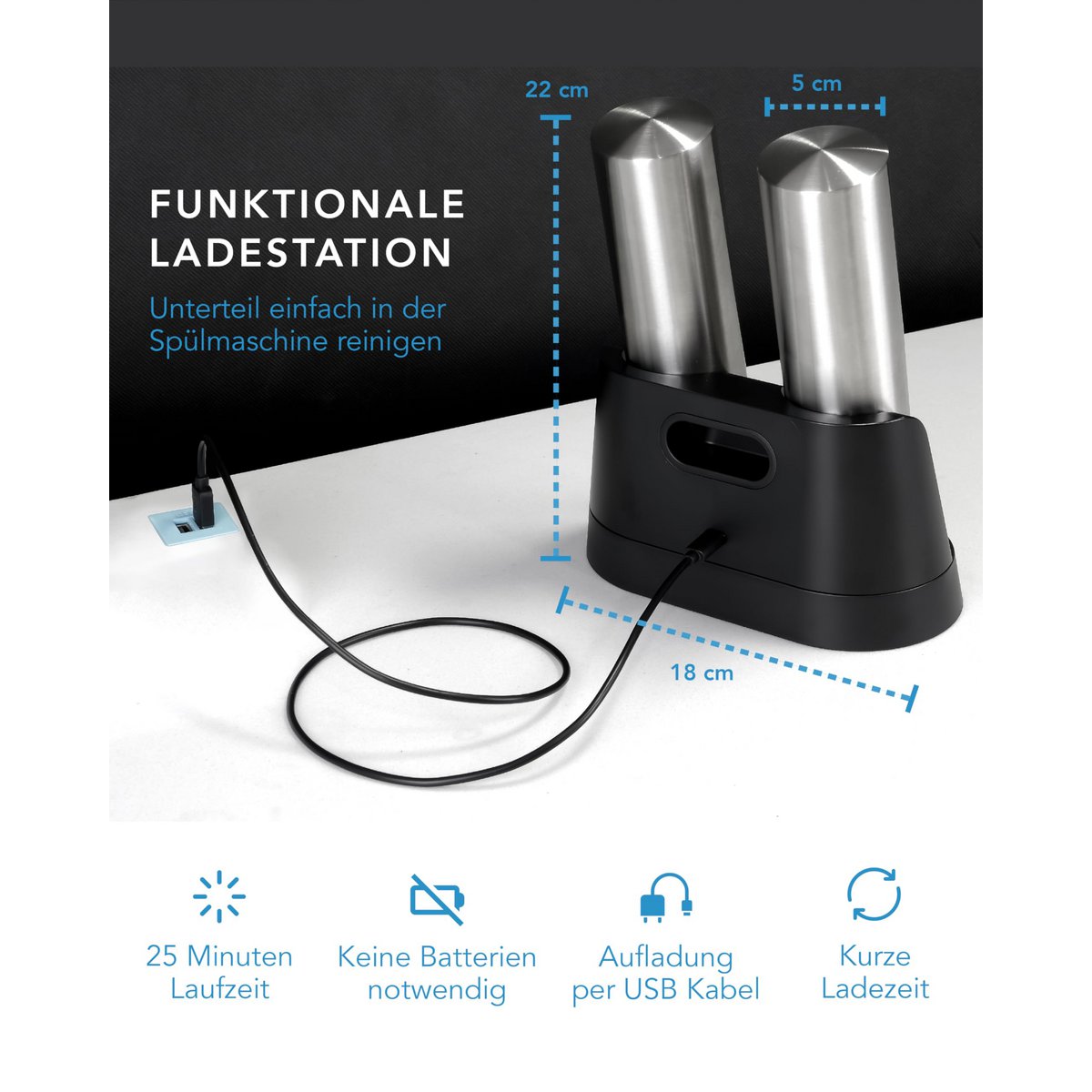 LEBENLANG Salz und Pfeffermühle Elektrisch - Wiederaufladbar & Viel Zubehör I Batterie Set I Pfefferstreuer Pfeffer und Salzmühle für grobes Salt