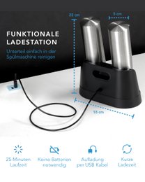 Macina sale e pepe elettrico LIFETIME - ricaricabile e tanti accessori I Set di batterie I Macina sale e pepe per sale grosso
