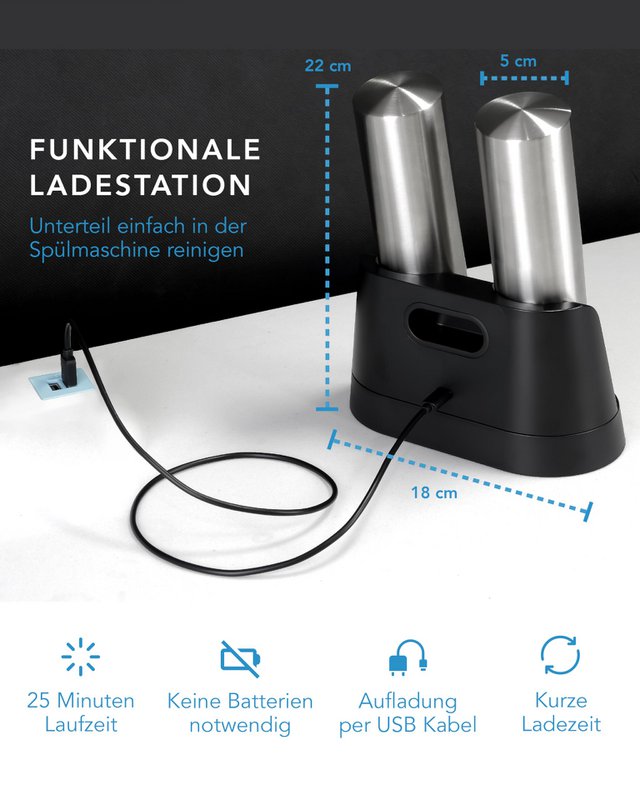 Macina sale e pepe elettrico LIFETIME - ricaricabile e tanti accessori I Set di batterie I Macina sale e pepe per sale grosso
