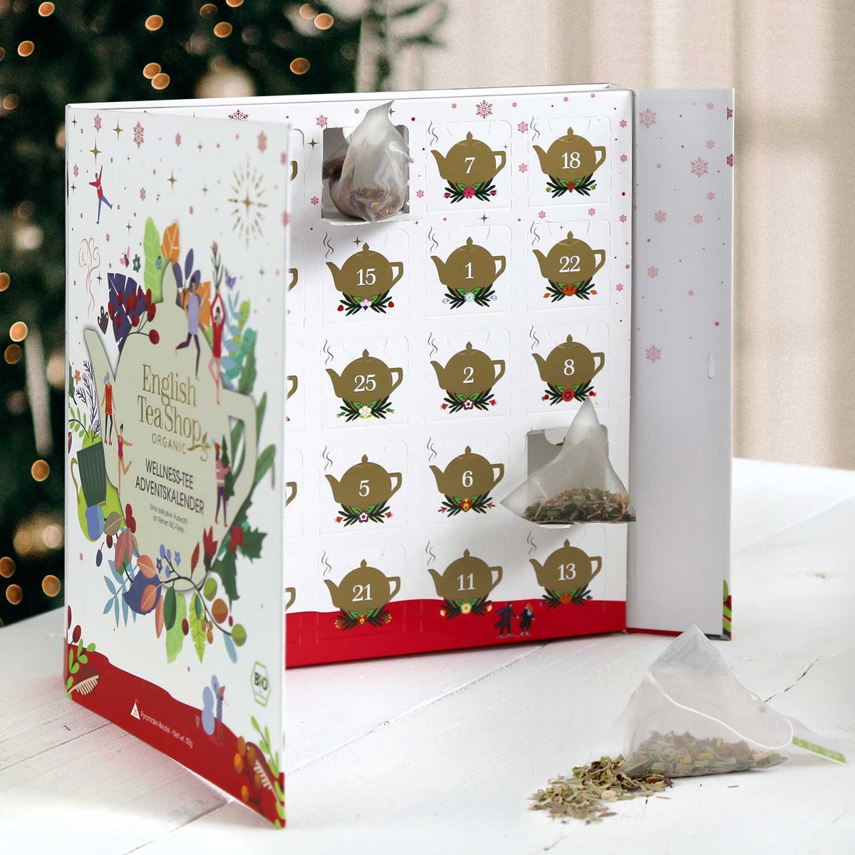 ETS - Teebuch Tee Adventskalender mit Schleife "Wellness", 25 Boxen mit BIO-Tee in hochwertigen Pyramiden