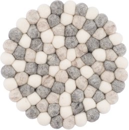  A round trivet made of gray and white felt pebbles, providing a stylish and functional surface for hot dishes.