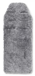 Charcoal grey and silver baby stroller liner made of soft, plush sheepskin material. Designed to provide warmth and comfort for infants and toddlers during stroller rides.