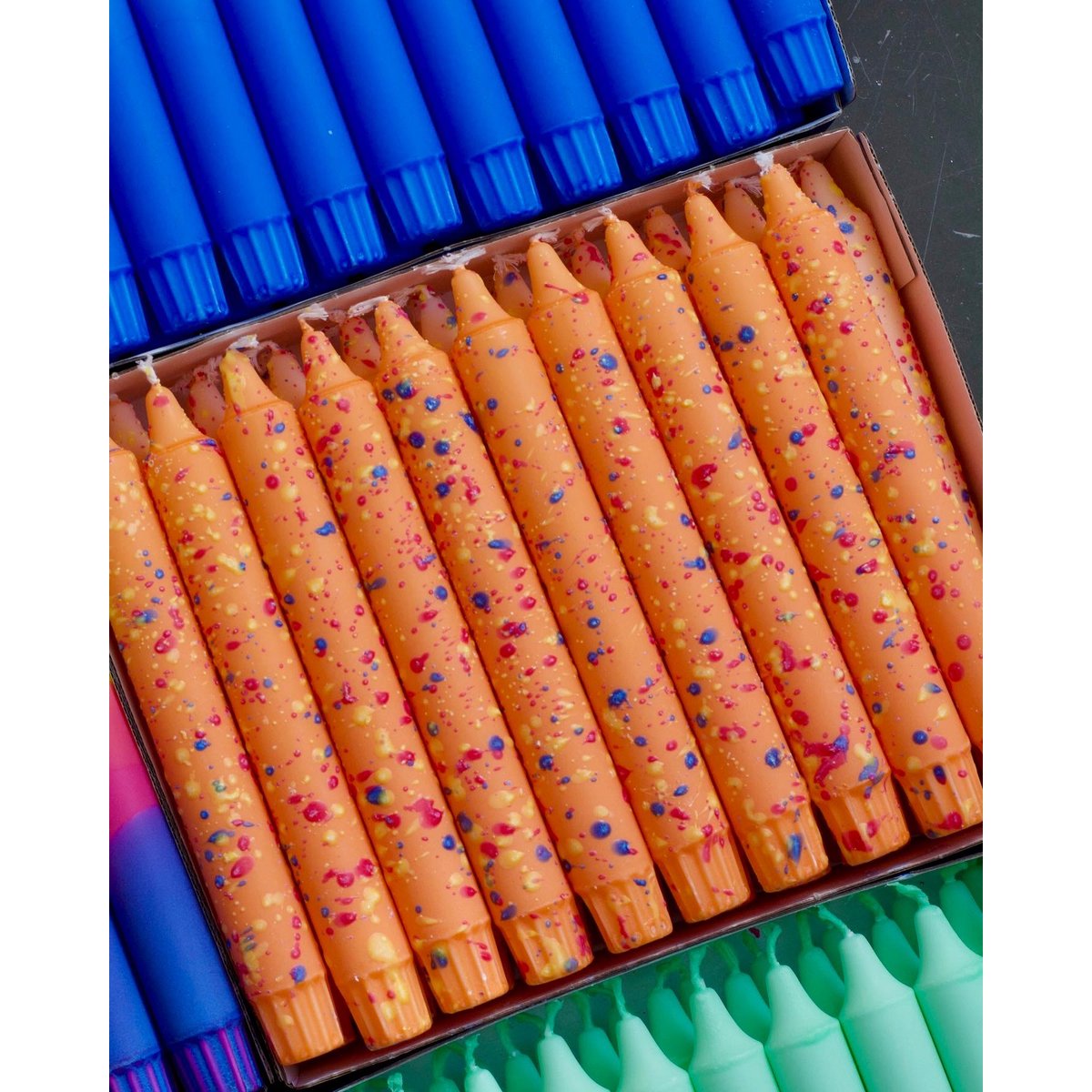 Taper candles- Summer vibes / Orange - Blue Confetti Colors