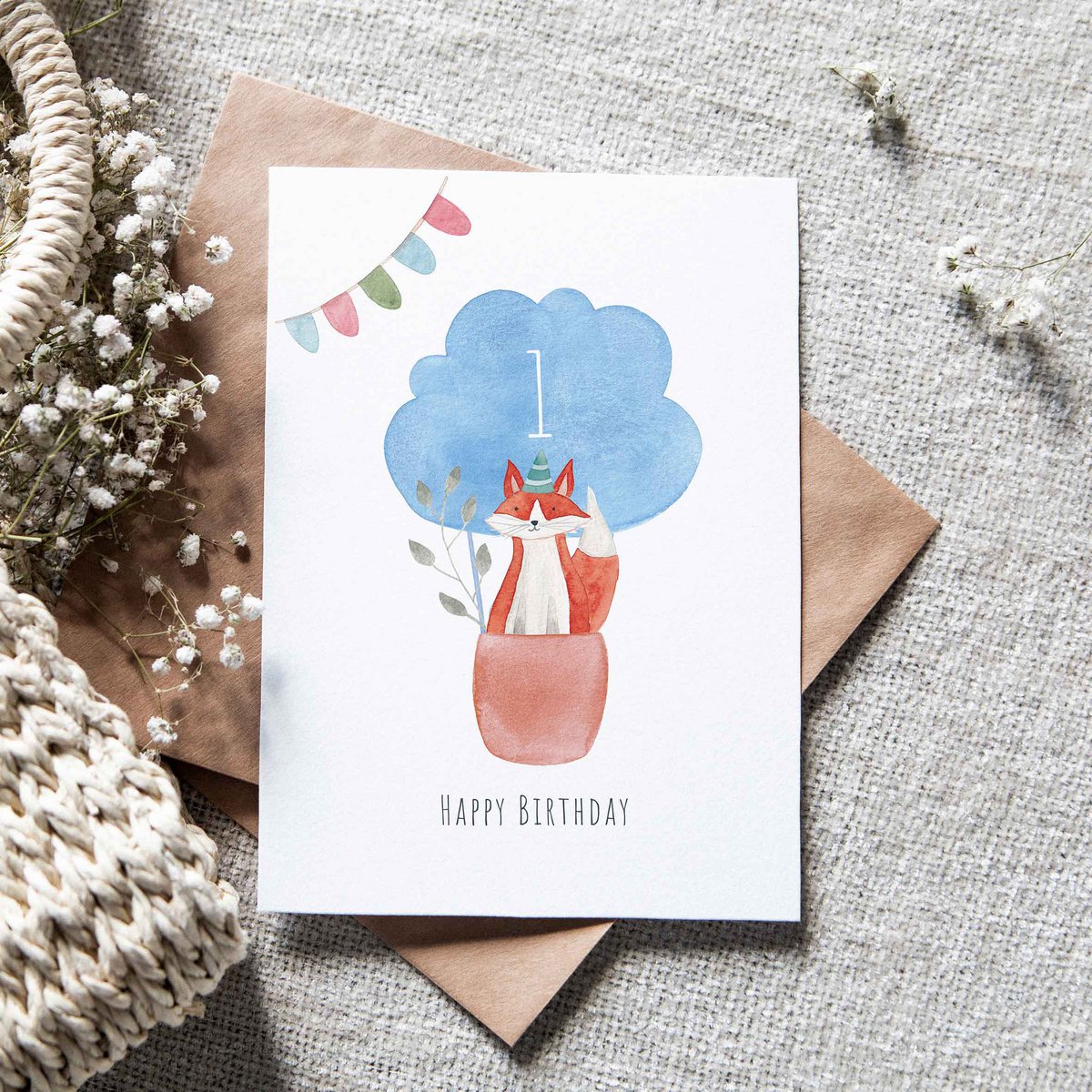 Carte pliante "Fox d'anniversaire pour enfants dans le ballon"