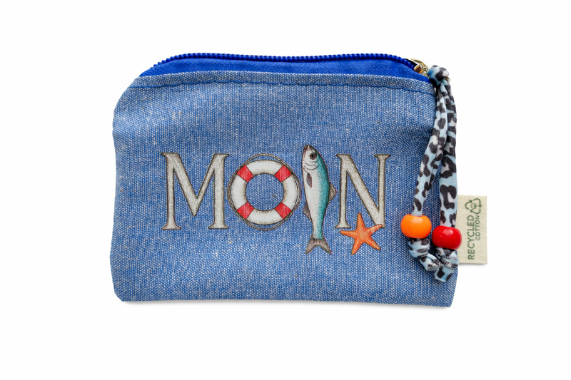 Borsa piccola blu realizzata in cotone riciclato con stampa "Moin".
