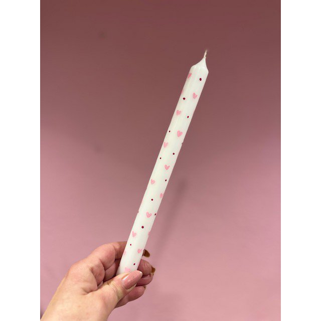 Vela de cena pintada a mano Blanco | Corazones y puntos rosados