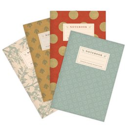 Set of 4 sample notebooks in various patterns and colors including solid green, red with gold polka dots, tan with floral pattern, and tan with geometric pattern. The notebooks appear to be blank, lined, or dotted grid inside.