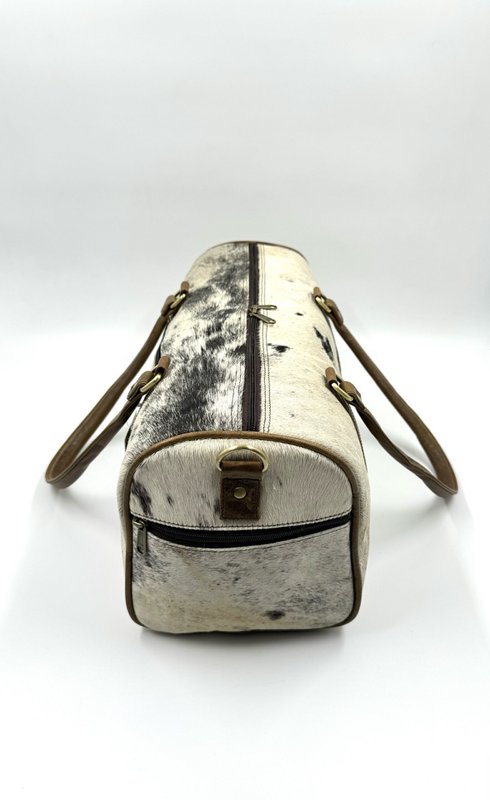 Borsa da viaggio in pelle e pelliccia naturale fatta a mano – Borsone artigianale "Elite" da 42 cm e borsa da fine settimana unisex unica