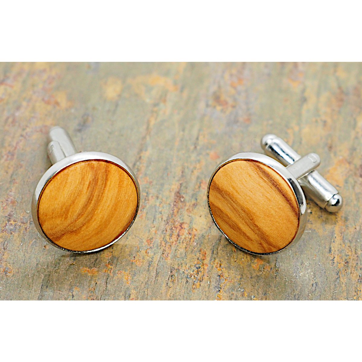 Elegante runde Manschettenknöpfe aus echtem Olivenholz Durchmesser ca. 18 mm, abgerundete Einlage mit toller Maserung