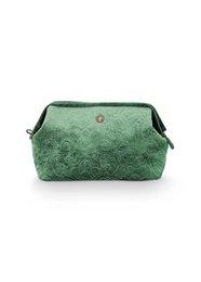 Large green velvet quilted cosmetic purse, ideal for makeup storage and organization.