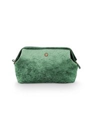 Large green velvet quilted cosmetic purse, ideal for makeup storage and organization.
