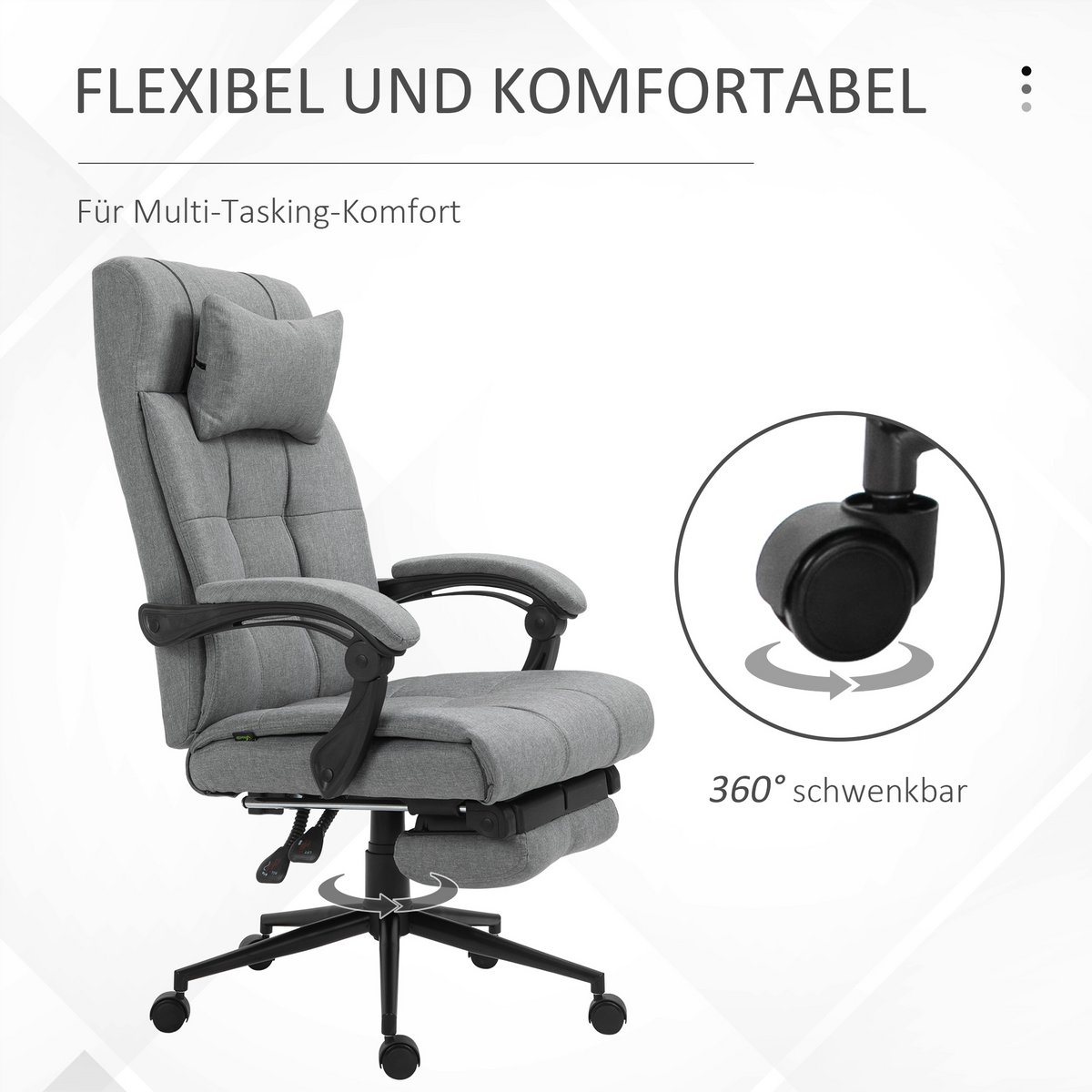 Office chair with pillow armrest Desk chair with tilt angle Height-adjustable swivel chair with footrest Linen foam PVC Light gray 66 x 76 x 112-120 cm