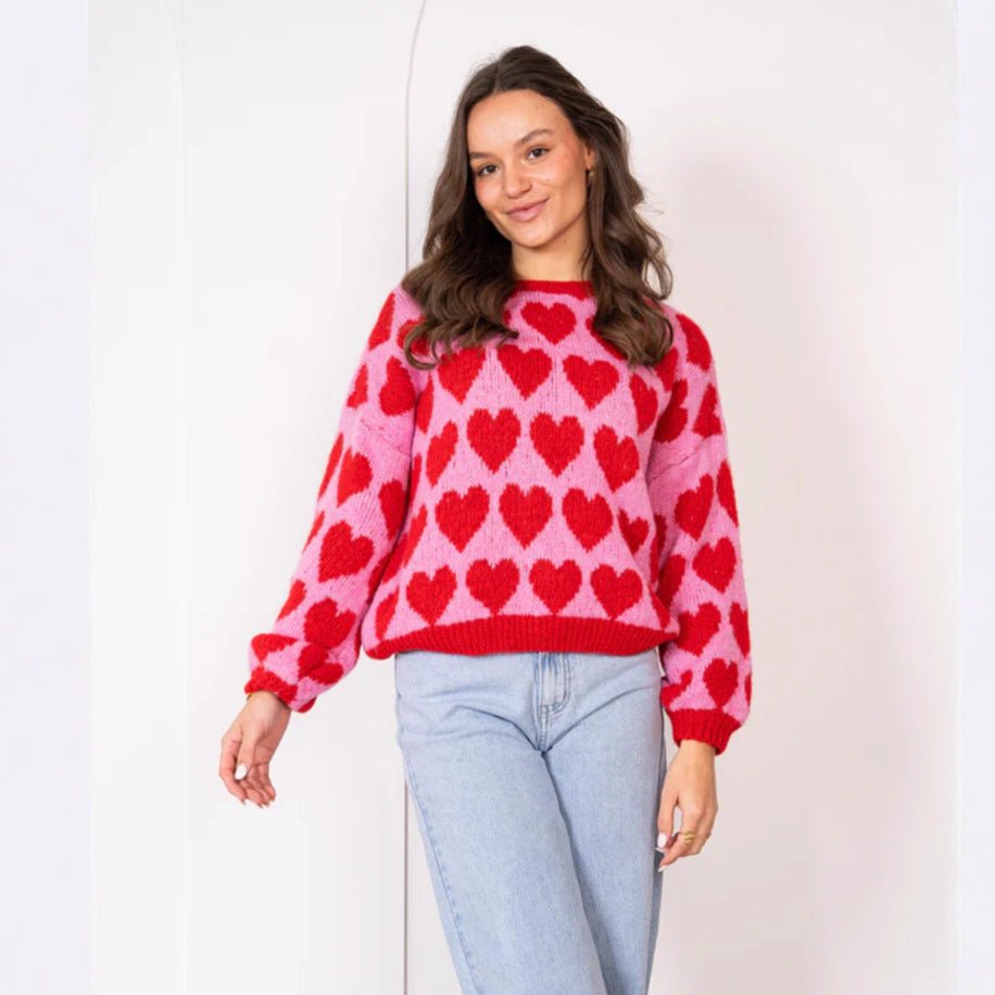 Pull court tricoté en jacquard de couleur contrastée pour la Saint-Valentin