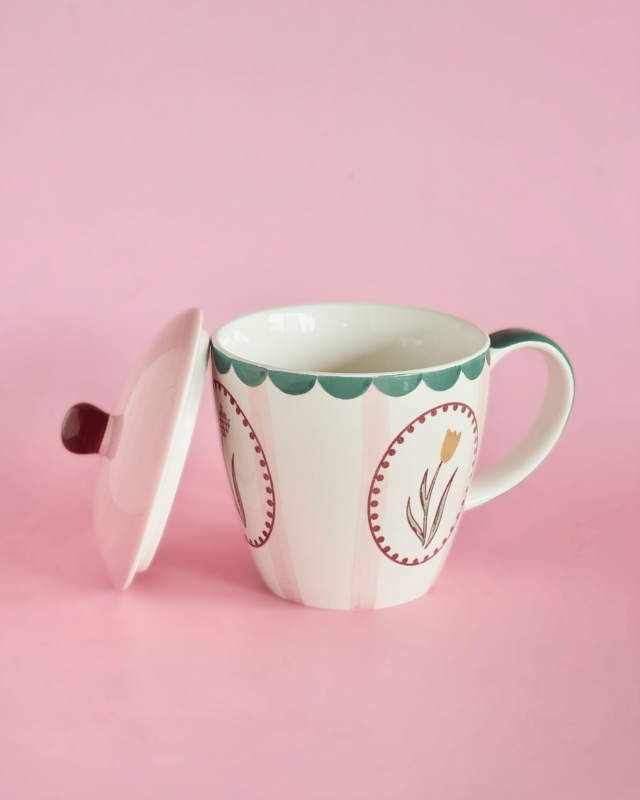Handpainted Ceramic Coffee Mug With Lid - Floral Design, 385ml