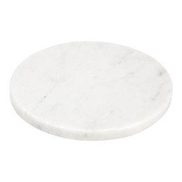 White marble round cutting board, elegant kitchen serving piece, natural stone.
