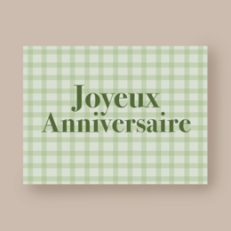  Birthday card with green gingham pattern and text "Joyeux Anniversaire" (Happy Birthday in French).