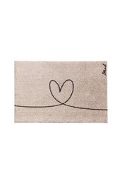 Plush, beige bath mat with a simple heart design. Soft, absorbent material suitable for bathroom use.