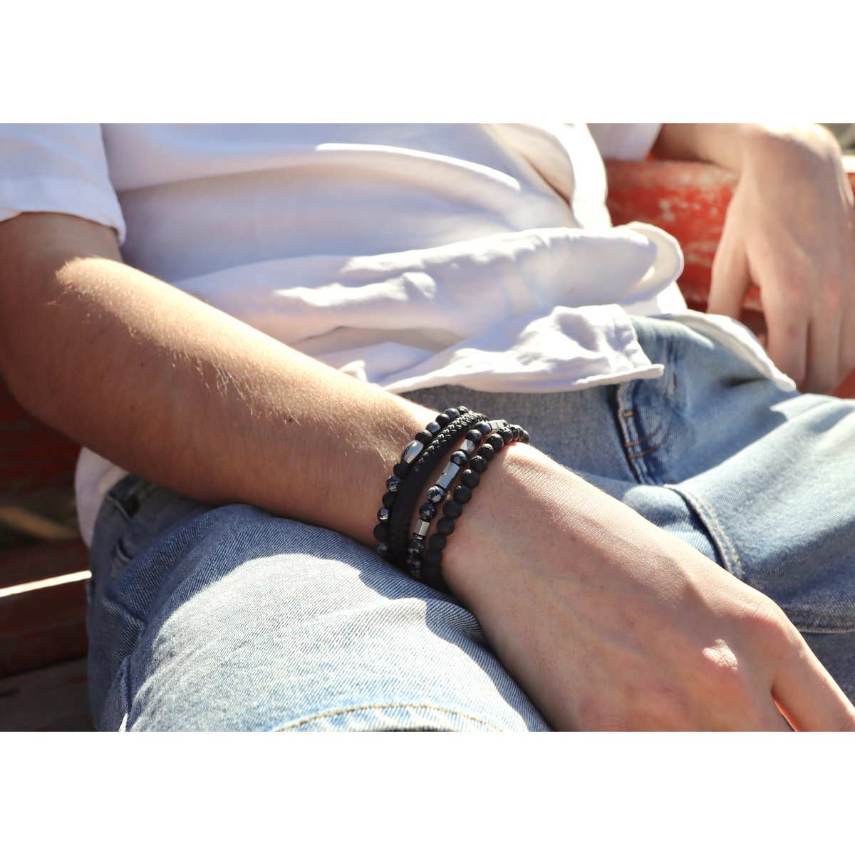 Morse code armband Papa sneeuwvlok obsidiaan