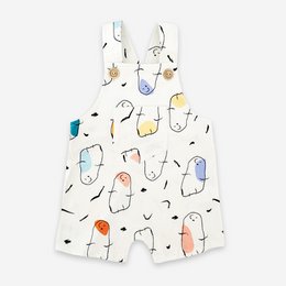 Short dungarees for kids featuring a playful print of abstract faces in various colors and shapes.
The short dungarees for kids feature a whimsical all-over print of abstract faces in a variety of colors and shapes. The design includes round, oval, and angular faces in shades of blue, yellow, and black. The overall style is playful and fun, making these dungarees a great choice for young children.
