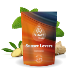 Orange pouch containing Sunset Lovers tea, made with ginger and lemon. Organic, natural ingredients.