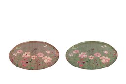 Round floral serving tray, green and rose pink colors, botanical flower design, decorative tableware
