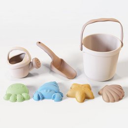 Siliconen emmer met gieter, schep en vormpjes - Beige