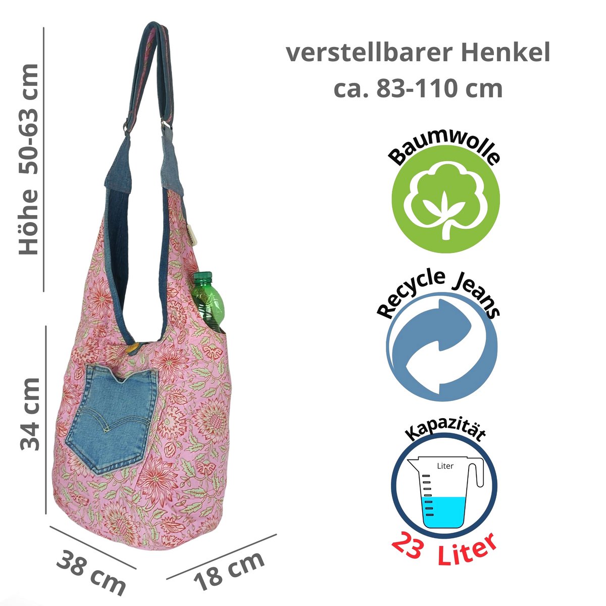 Ekologiczna torba na dżinsy Sunsa. Dwustronna przenośna torba na ramię. Torba Hobo. Torba na ramię w stylu boho