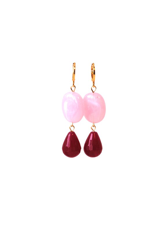 Oorbellen met druppel agaat cerise en steen roze