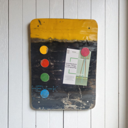 Magnetic board made from recycled oil drums with 5 colorful magnets