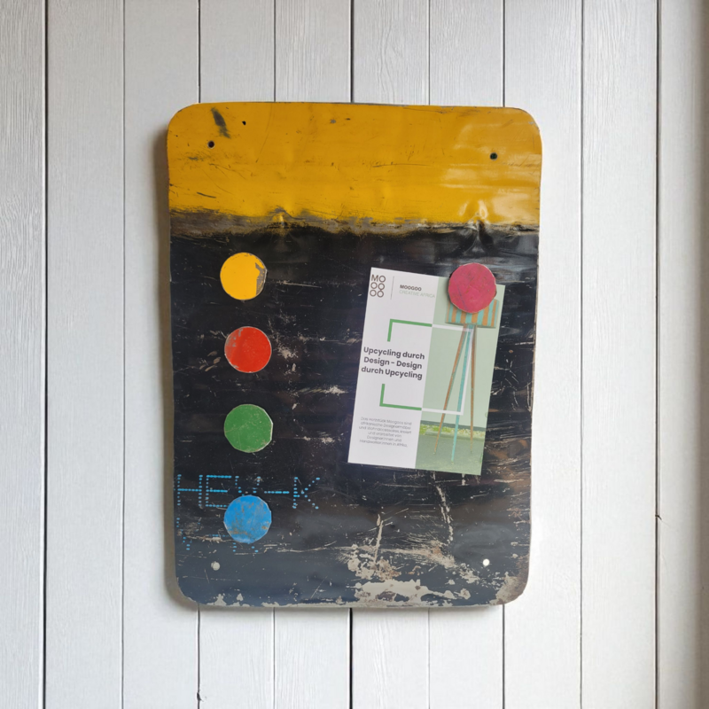 Magnetic board made from recycled oil drums with 5 colorful magnets