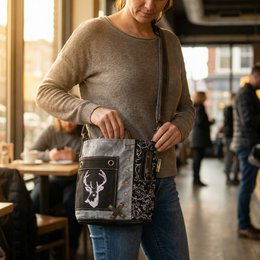 Traditionele tas van Domelo. Dames schoudertas. Dirndl schoudertas gemaakt van canvas en leer. Handtas in traditionele stijl met hertenedelweissprint. Crossbodytas voor dames als Oktoberfest-accessoire.