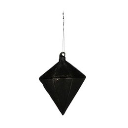 Black geometric diamond-shaped pendant, minimalist faceted design, modern angular style, sleek metallic finish.