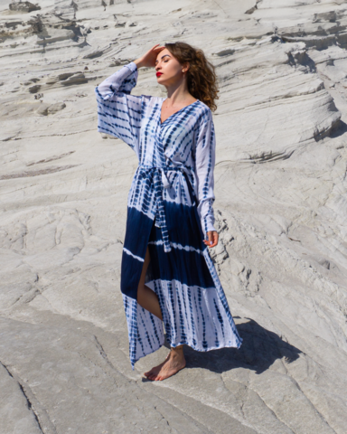 SAMSARA Boho Viscose Strandkimono – Lichtgewicht Zomer Spa & Zwembad Cover Up – Blauw/Wit