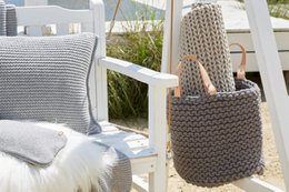 Knitting basket with leather handle - 30cm x 30cm x 30cm - round