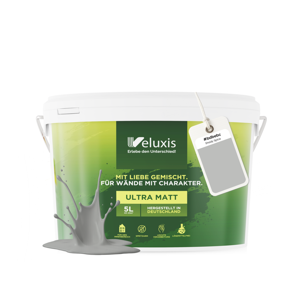 Veluxis® Wandfarbe Grau für den Innenraum - 5 Liter & Deckkraft-Klasse 1, Streifenfrei, tropfarm & Öko Farbe, VOC-frei - (Shady Spice)