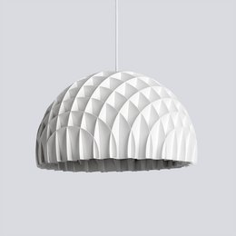 Ceiling lamp with a white, dome-shaped pendant featuring a geometric, triangular pattern. The lamp has a modern, minimalist design and is suitable for use in a dining room or living space.
