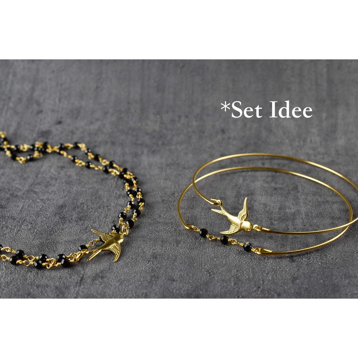 Set di braccialetti in oro con rondine di onice - Set di gioielli con rondini di uccelli animali placcati in oro con pietre preziose nere - RETARM-38